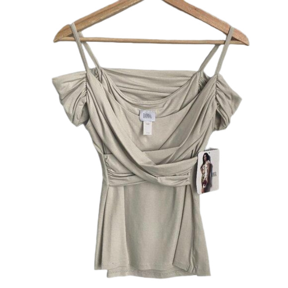 Donna Cross Front Off the Shoulder Slim Fit Ivory Tank Top Size M
